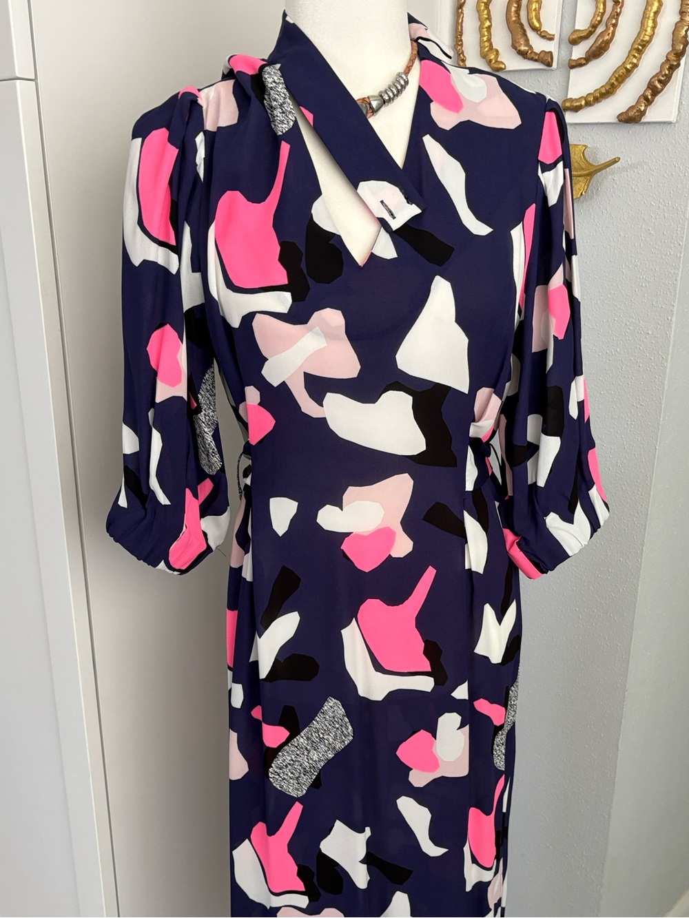 Armani Exchange Navy Midi Dress with Pink, White & Black Abstract Pattern